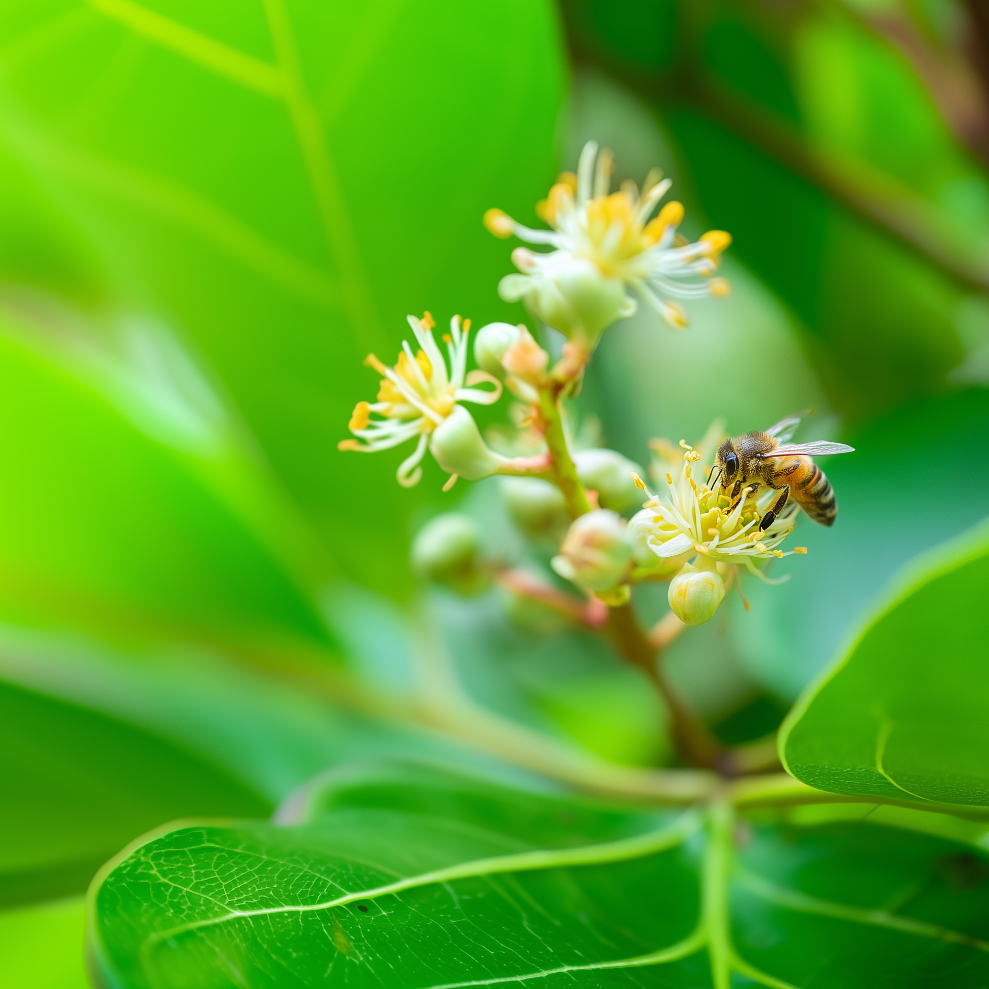 Abeja visitando una flor de aguacate