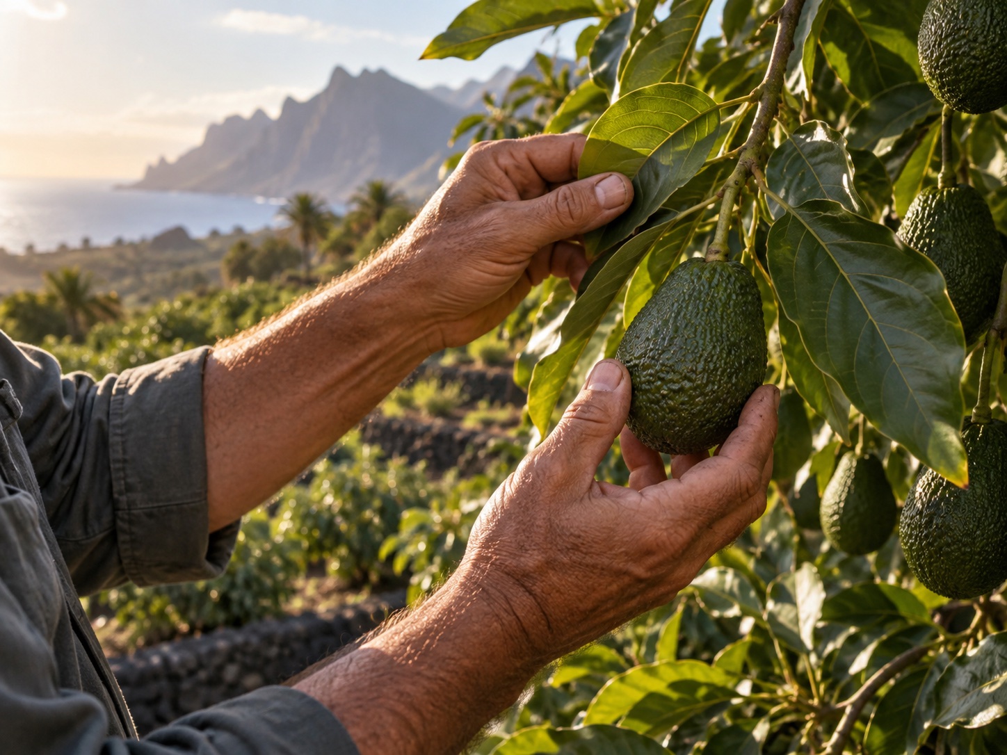 Manos de un agricultor observando un aguacate Hass en el árbol en Finca Origen