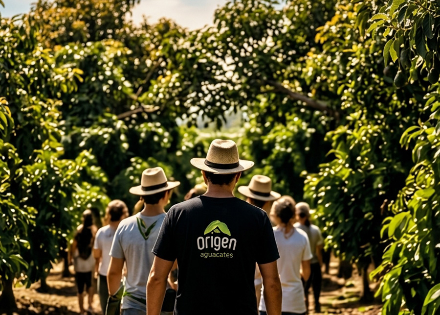 Grupo de visitantes recorriendo la Finca Origen entre aguacateros